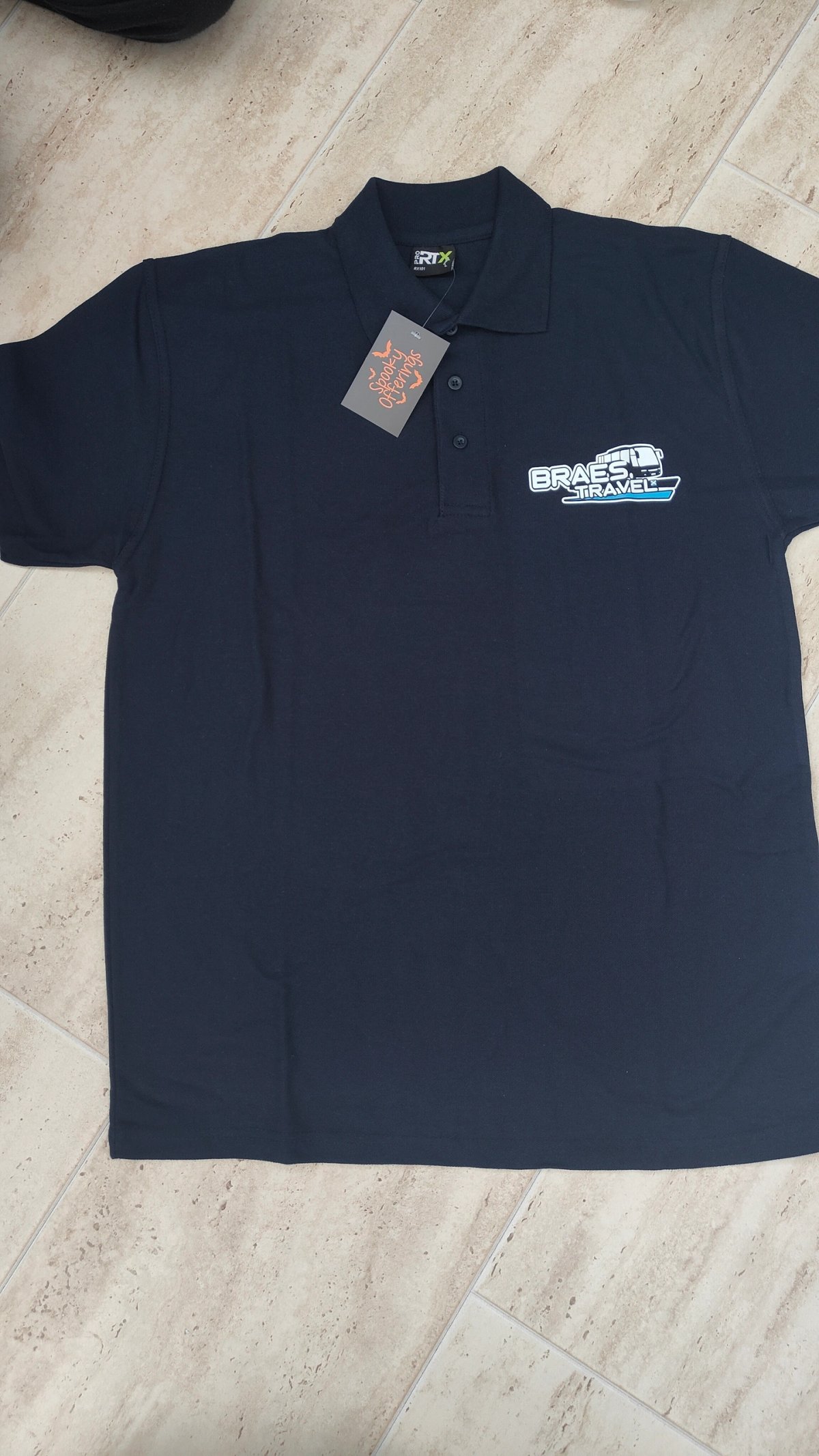 Navy sweatshirt printed with a travel company logo