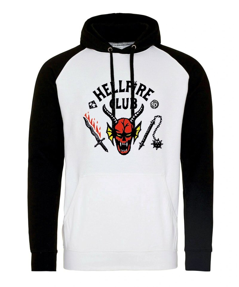 White and black baseball hoodie printed with a Hellfire Club design