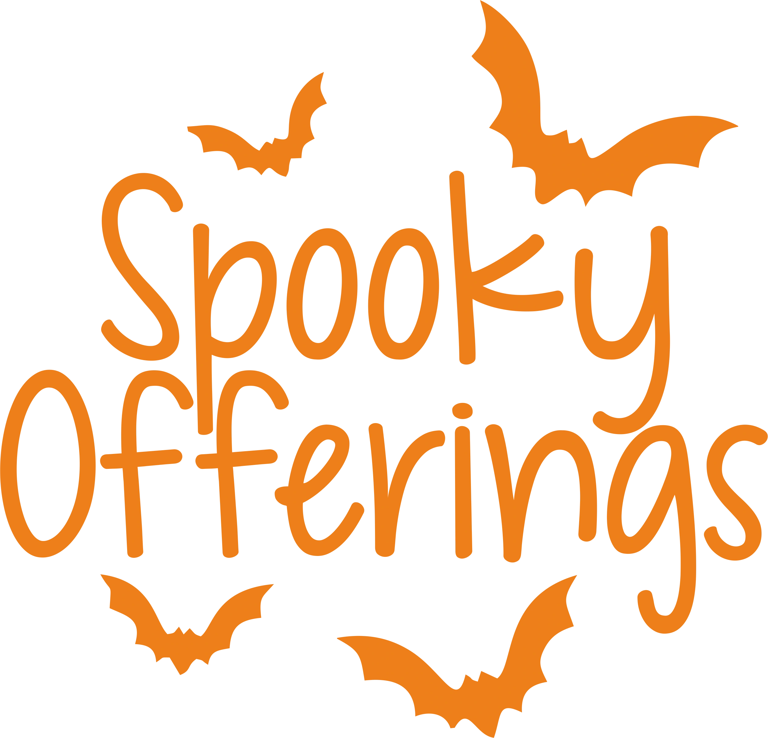 Spooky Offerings logo — orange hand-lettered wordmark surrounded by bats