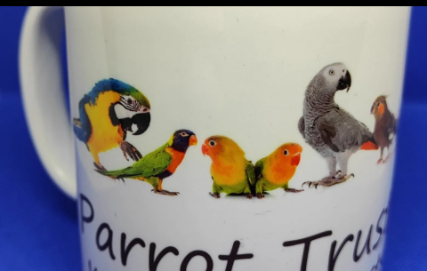 Mug printed with a row of parrots