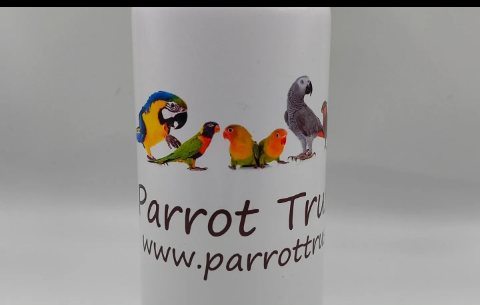Tall travel mug printed with parrots and web address