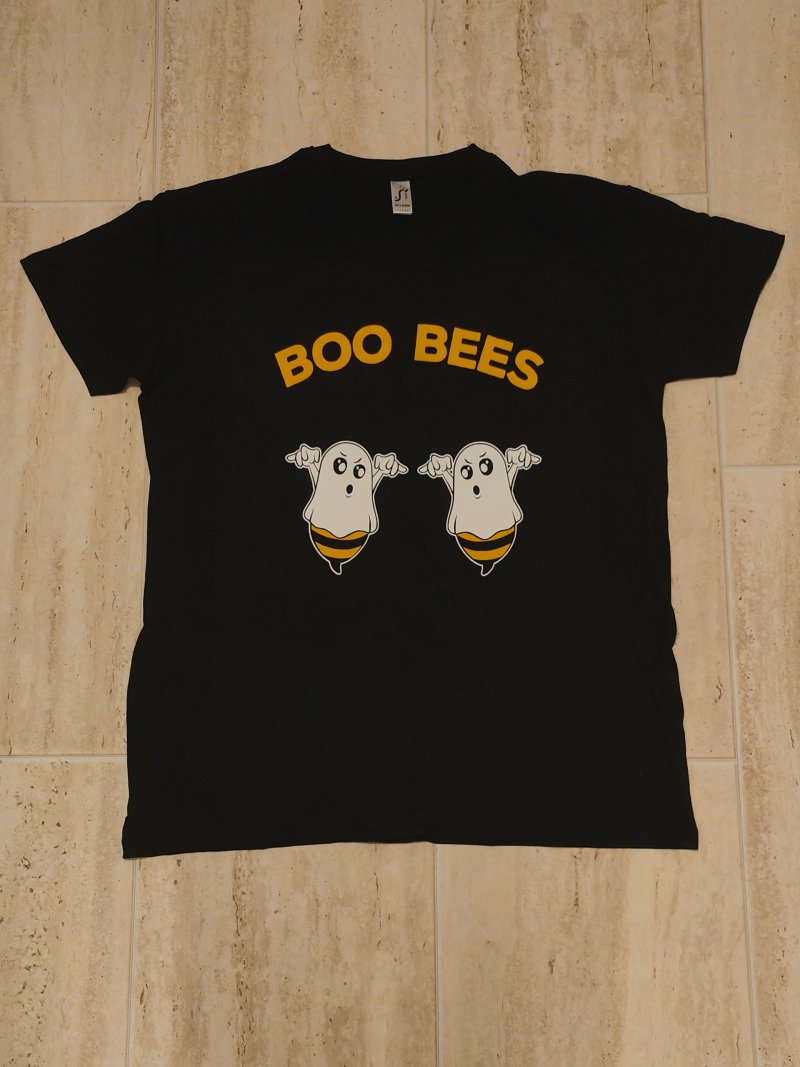 Black T-shirt printed "Boo Bees" with two ghost bees
