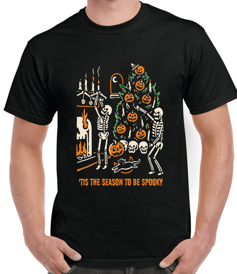 Black T-shirt printed 'Tis the season to be spooky with dancing skeletons