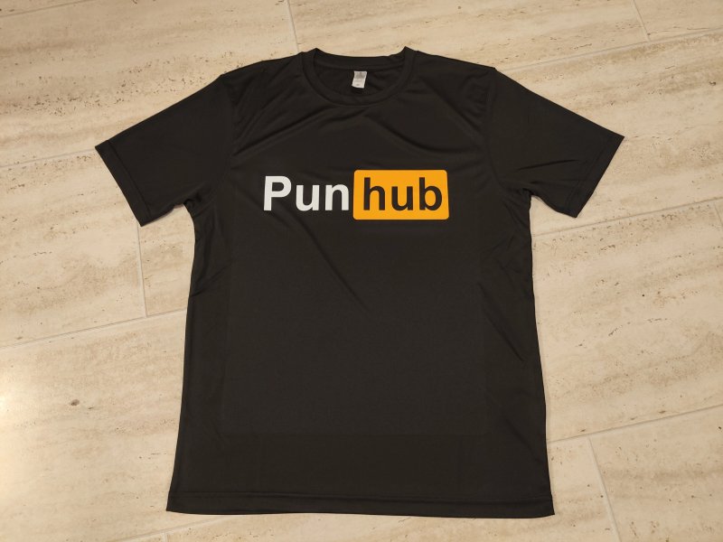 Black T-shirt printed with a "Pun hub" parody logo