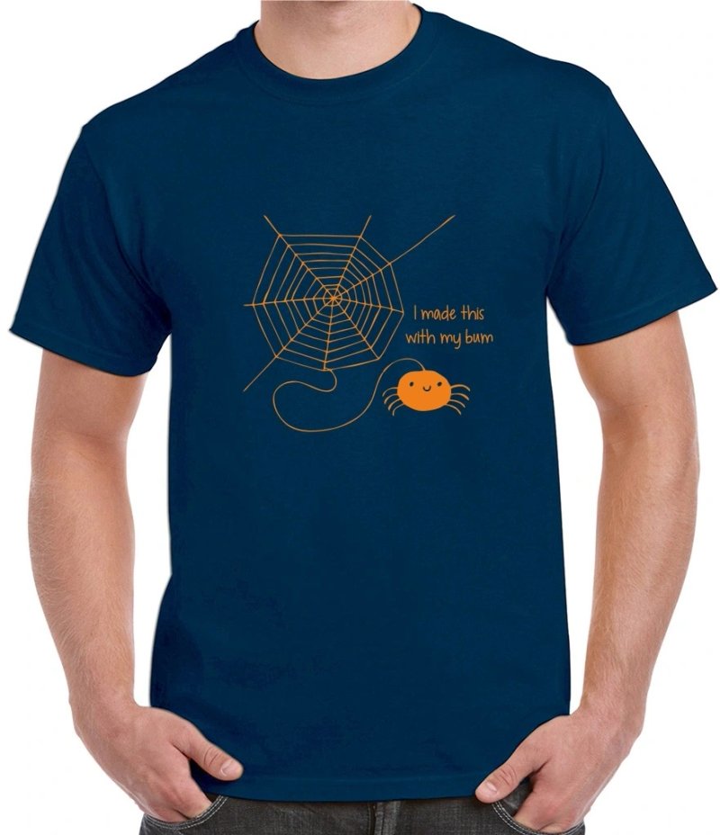 Navy T-shirt printed with a spider and web design